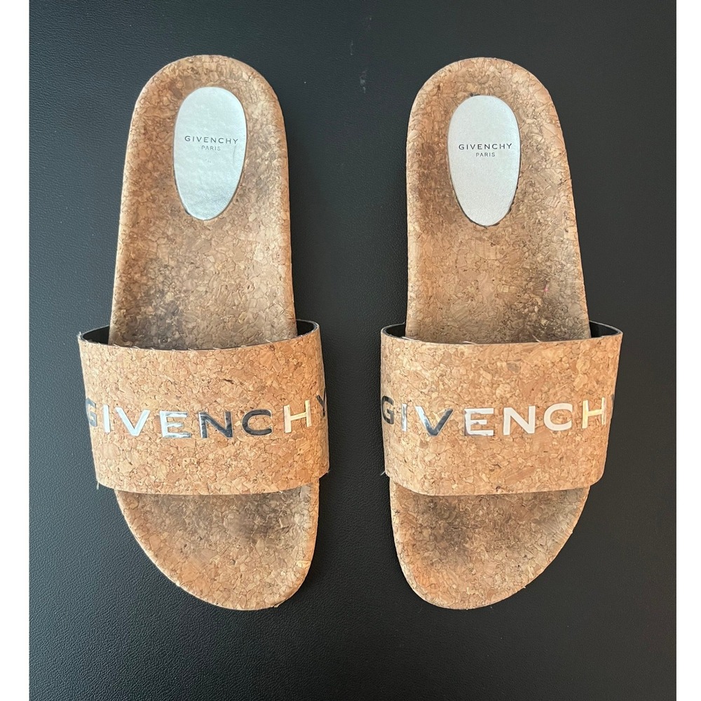Givenchy Paris Cork Logo Slide Sandals Silver Metallic Tan Womens 41